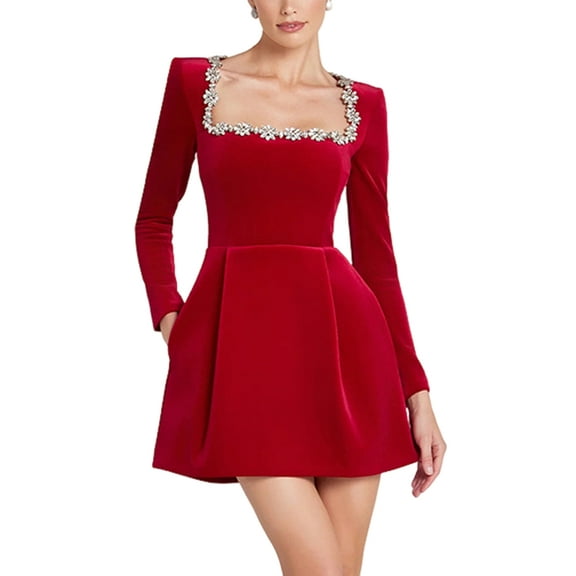 Women'S Velvet Bodycon Midi Dresses Elegant Long Sleeve Square Neck Ruffle Hem Cocktail Party Dress Red XL