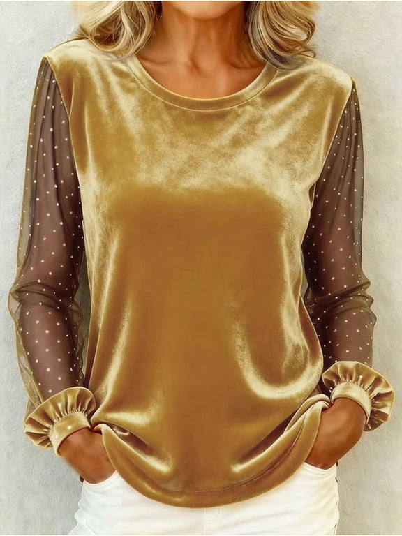 Women'S Velvet Crew Neck Tops Mesh Sleeve Blouse Long Sleeve Soft Velour Shirts Elegant Fashion Clothing Gold XXL