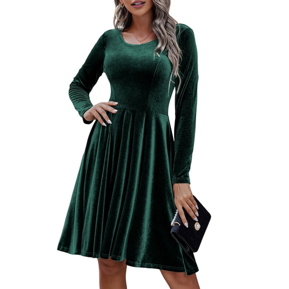 Women'S Velvet Dress Long Sleeve Cocktail Dresses Flare Swing Mini Prom Dress for Wedding Guest Green S