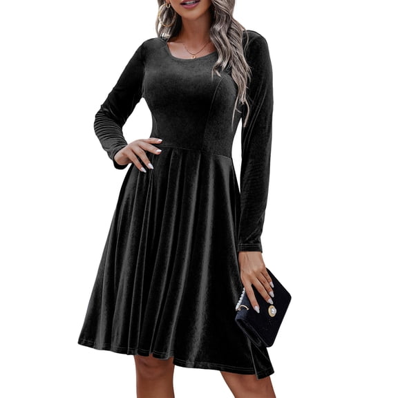 Women'S Velvet Dress Long Sleeve Cocktail Dresses Flare Swing Mini Prom Dress for Wedding Guest