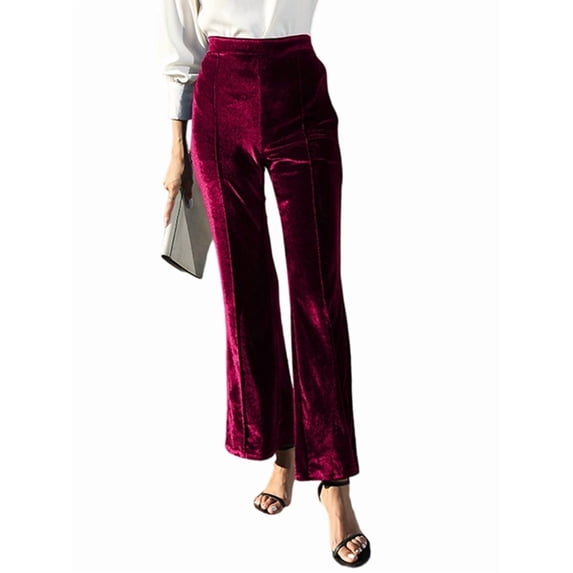 Women'S Velvet Elastic Waist Flare Leg Palazzo Long Pants Trousers Bell Bottom Casual Streetwear Trousers Wine Red M