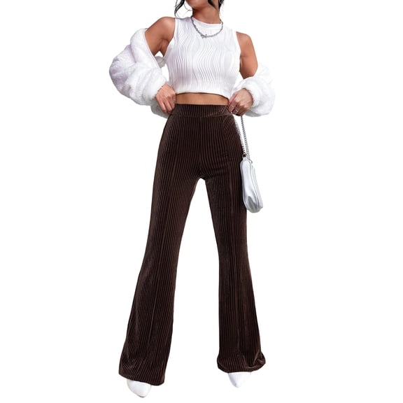 Women'S Velvet Elastic Waist Flare Leg Palazzo Long Pants Trousers Brown L