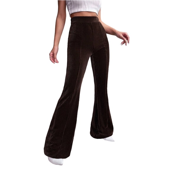 Women'S Velvet Elastic Waist Flare Leg Palazzo Long Pants Trousers Brown M
