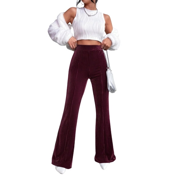 Women'S Velvet Elastic Waist Flare Leg Palazzo Long Pants Trousers Wine Red L