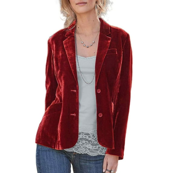 Women'S Velvet Jacket Casual Button Up Lapel Long Sleeve Cardigan Suits Business Coat with Pockets Red XXL