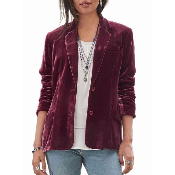 Women'S Velvet Jacket Casual Button Up Lapel Long Sleeve Cardigan Suits Business Coat with Pockets Wine Red XL