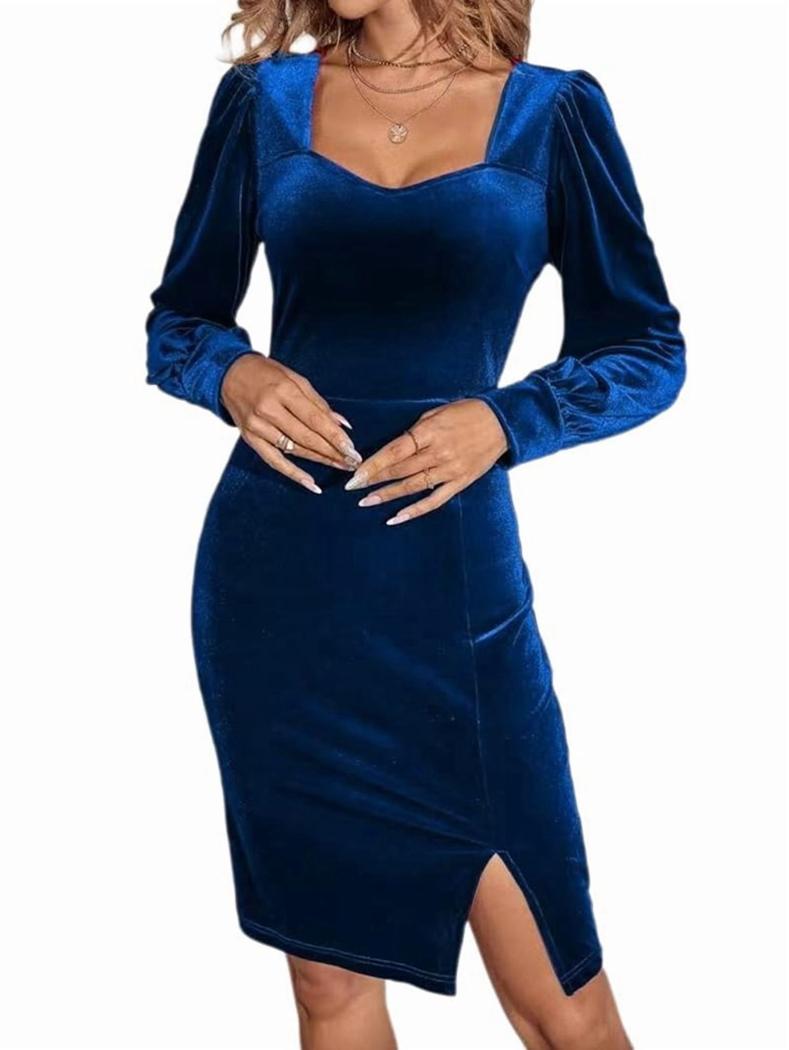 long sleeve mini one piece dress for women Women'S Velvet Long Sleeve Dress Square Neck Lantern Sleeve Mini Dress Hem  Side Slit One-Piece Dress Dark Green S