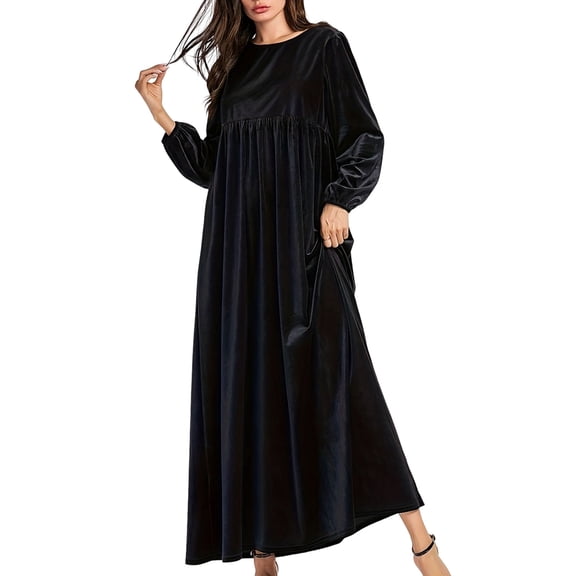 Women'S Velvet Maxi Dress Casual Solid Color High Waist Long Sleeve Fall Winter Flowy Gown Black L