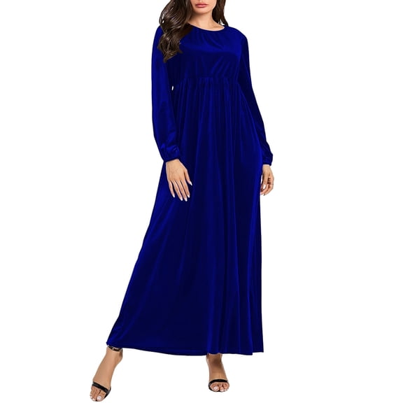 Women'S Velvet Maxi Dress Casual Solid Color High Waist Long Sleeve Fall Winter Flowy Gown Blue L