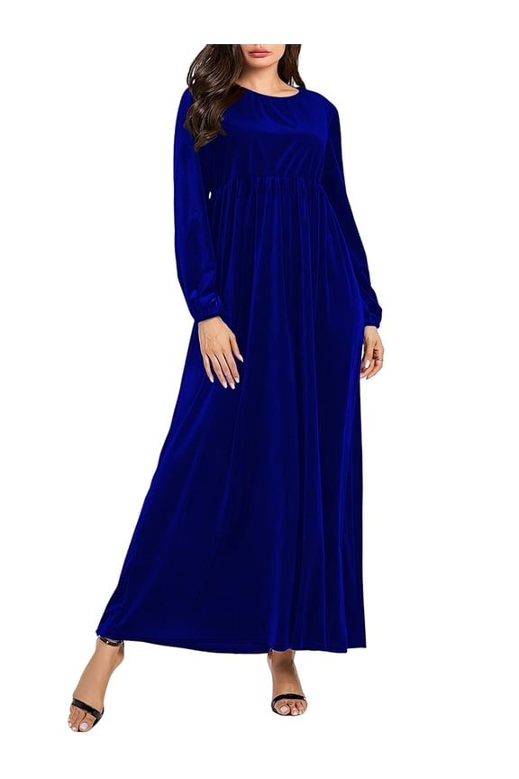 Women'S Velvet Maxi Dress Casual Solid Color High Waist Long Sleeve Fall Winter Flowy Gown Blue XL