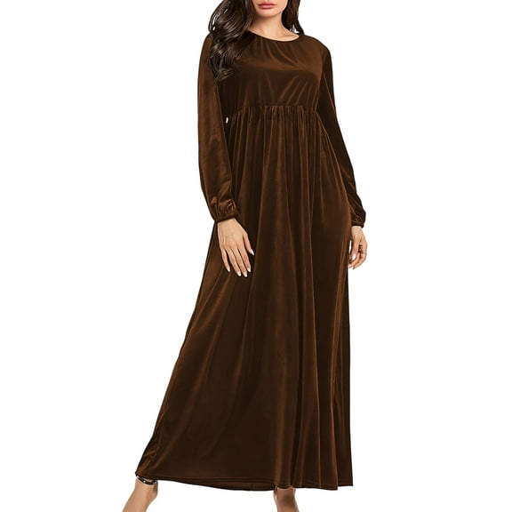 Women'S Velvet Maxi Dress Casual Solid Color High Waist Long Sleeve Fall Winter Flowy Gown Dark Brown L