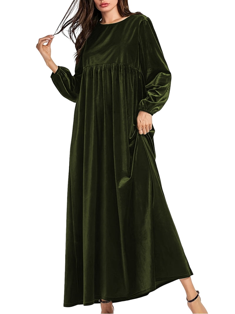 green winter maxi dress Women'S Velvet Maxi Dress Casual Solid Color High Waist Long Sleeve Fall  Winter Flowy Gown Black XXL