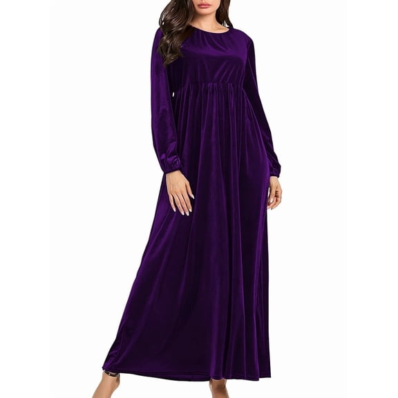 Women'S Velvet Maxi Dress Casual Solid Color High Waist Long Sleeve Fall Winter Flowy Gown L