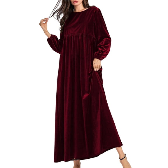 Women'S Velvet Maxi Dress Casual Solid Color High Waist Long Sleeve Fall Winter Flowy Gown Wine Red XL