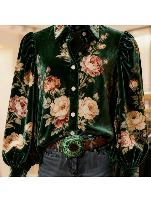 Women'S Velvet Paisley Print Button- Shirt, Retro Colorful Floral Pattern Collared Flared Ruffle Long Sleeve Western Cowgirl Autumn Fall Winter Tops Clothing Blouse