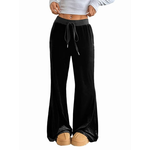 Women'S Velvet Pants Drawstring Waist Wide Leg Casual Lounge Pants Black XL
