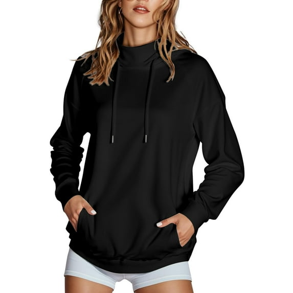 Women's Vertical Collar Hoodie, Loose Long Sleeve Solid Color Top For Casual Outings Black 2XL
