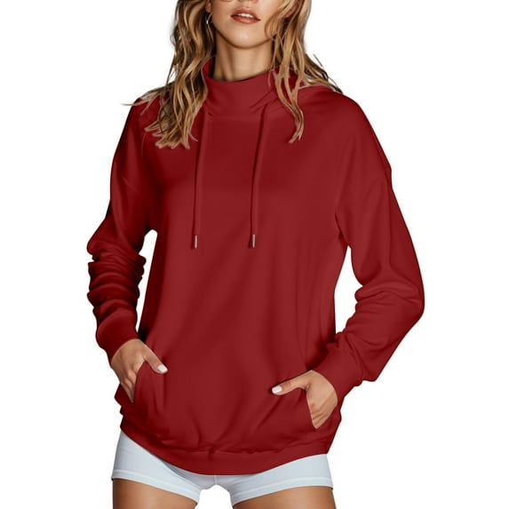 Women's Vertical Collar Hoodie, Loose Long Sleeve Solid Color Top For Casual Outings Red L