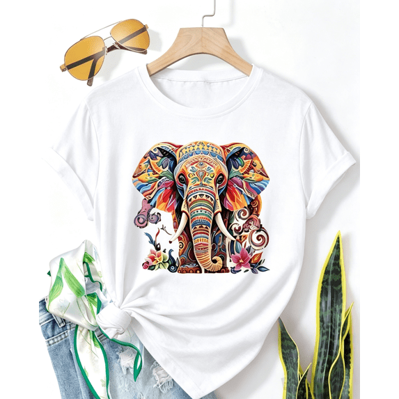 Women'S Vibrant Elephant Print T-Shirt - Casual Retro Style, Short Sleeve For Women,Crew Neck Elephant Graphic Tshirt