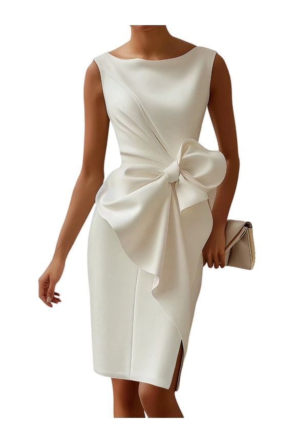 Women'S Vintage Bow-Knot Sleeve Ruched Bodycon Work Dress White XXL