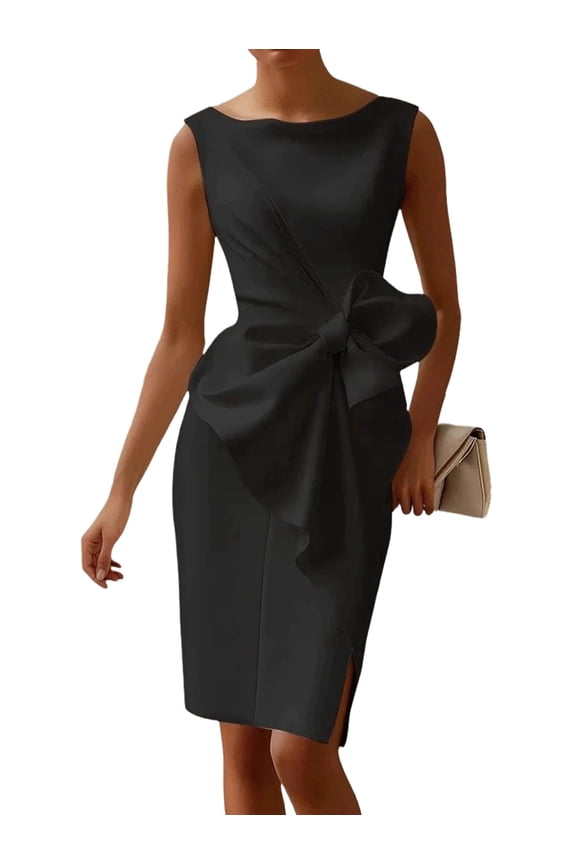 Women'S Vintage Bow-Knot Sleeve Ruched Bodycon Work Dress