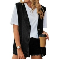 Women'S Vintage Denim Jean Vest Oversized Button Down Jean Waistcoat Gilet Black XXL