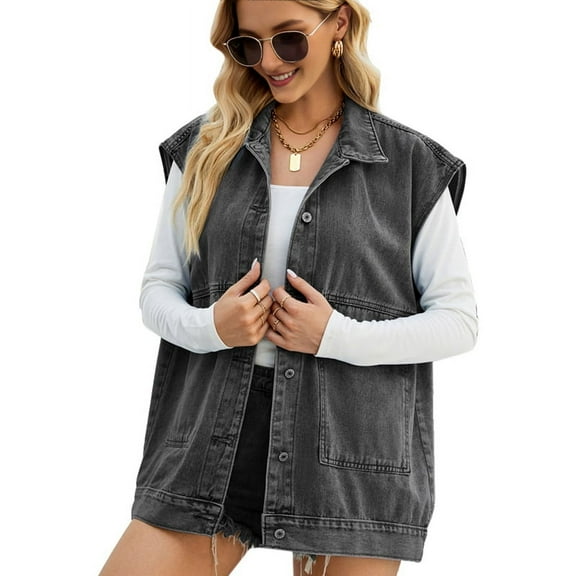 Women'S Vintage Denim Jean Vest Oversized Button Down Jean Waistcoat Gilet Black and Gray S