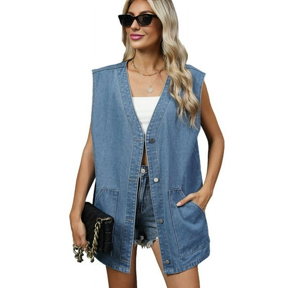 Women'S Vintage Denim Jean Vest Oversized Button Down Jean Waistcoat Gilet Blue M