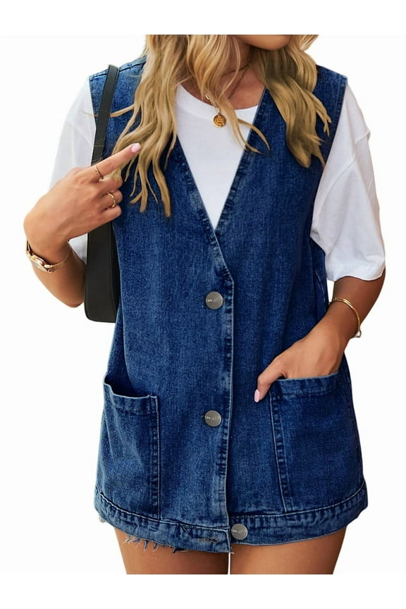 Women'S Vintage Denim Jean Vest Oversized Button Down Jean Waistcoat Gilet Dark Blue L