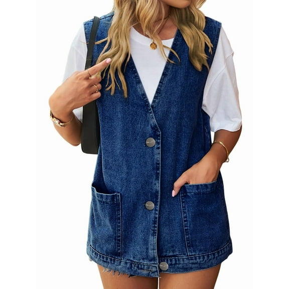 Women'S Vintage Denim Jean Vest Oversized Button Down Jean Waistcoat Gilet Dark Blue XXL