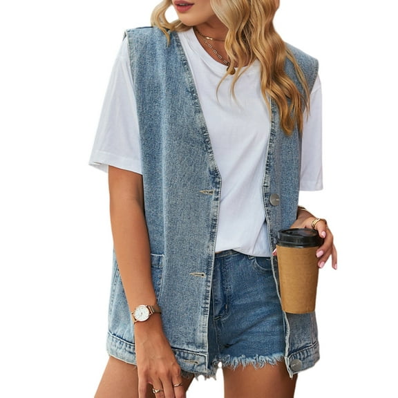 Women'S Vintage Denim Jean Vest Oversized Button Down Jean Waistcoat Gilet Light Blue S