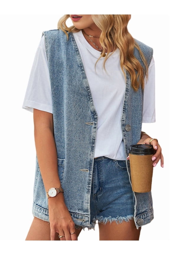 Women'S Vintage Denim Jean Vest Oversized Button Down Jean Waistcoat Gilet Light Blue S