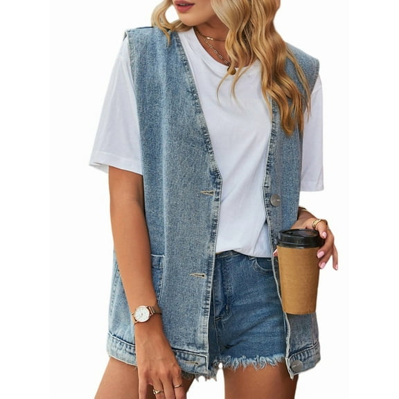 Women'S Vintage Denim Jean Vest Oversized Button Down Jean Waistcoat Gilet Light Blue XXXL