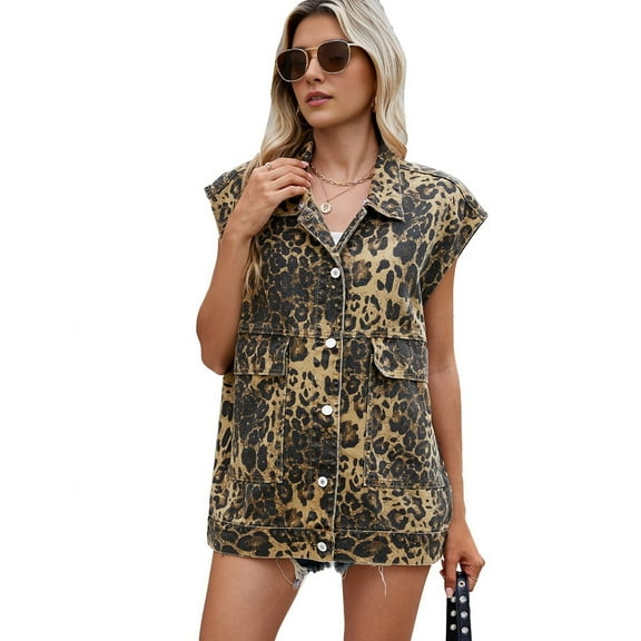 Women'S Vintage Denim Jean Vest Oversized Button Down Jean Waistcoat Gilet Yellow Leopard Pattern S