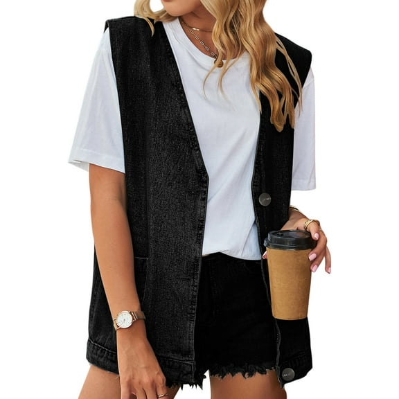 Women'S Vintage Denim Jean Vest Oversized Button Down Jean Waistcoat Gilet