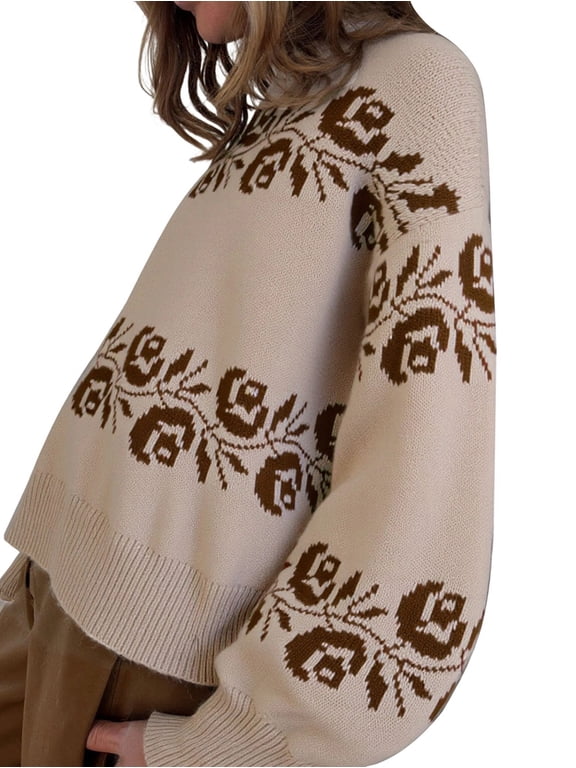 Women'S Vintage Floral Jacquard Sweater, Mock Neck Loose Knit Pullover Top, Long Sleeve Warm Fall Jumper Khaki M