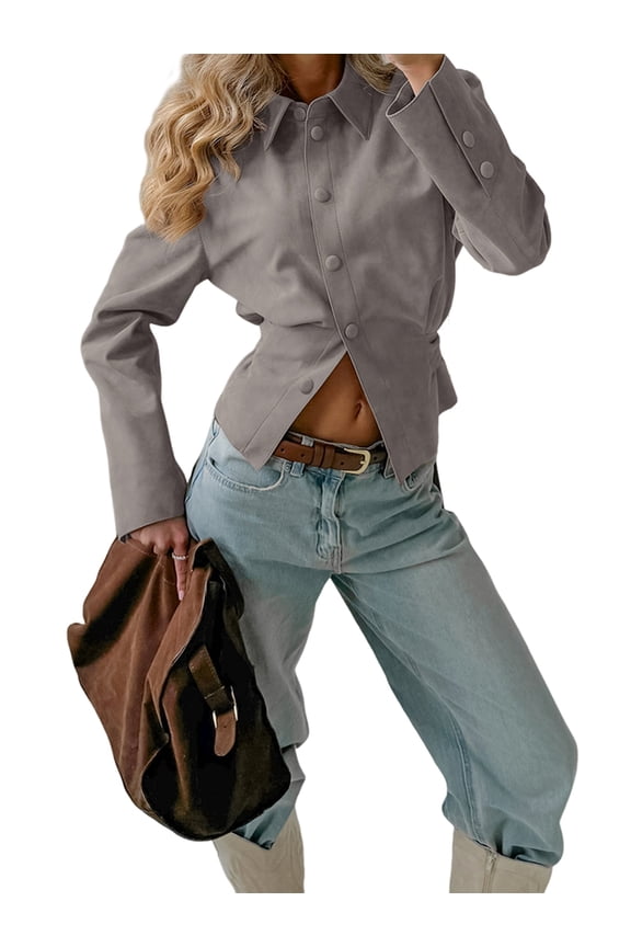 Women'S Vintage Lapels Blazer Jackets Button Open Front Pleats Waist Suit Coats Khaki M