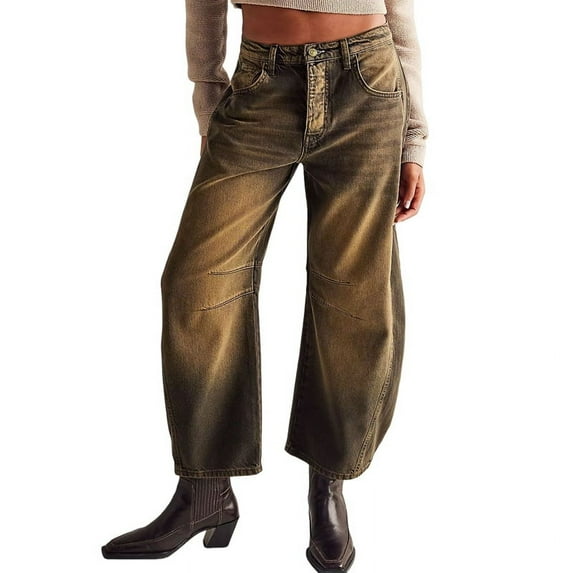 Women'S Vintage Low Waist Stretchy Boyfriend Wide Leg Jeans Butt Lifting Baggy Denim Pants Caramel Color XL