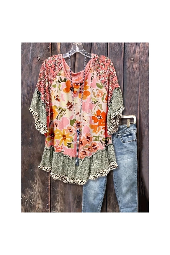 Mixed Floral Print Ruffle Leopard Print Patchwork Cuffs Long Sleeve Blouse (Women's)