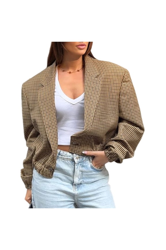 Women'S Vintage Old Money Style Plaid Blazer, Loose Fit Short Cropped British Jacket for Office Brown L