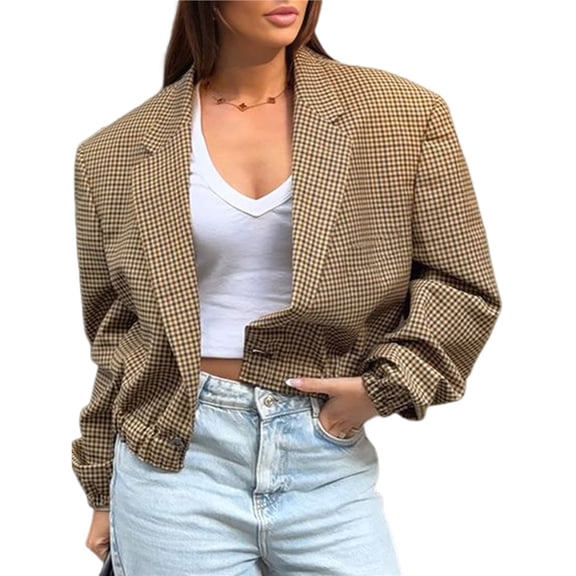 Women'S Vintage Old Money Style Plaid Blazer, Loose Fit Short Cropped British Jacket for Office Brown M