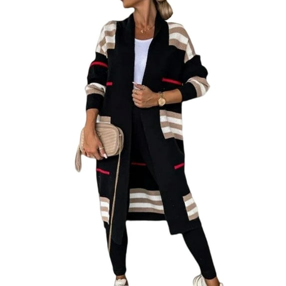 Women'S Vintage Open Front Knit Striped Long Sleeves Maxi Long Cardigan Sweater with Pockets Black XL