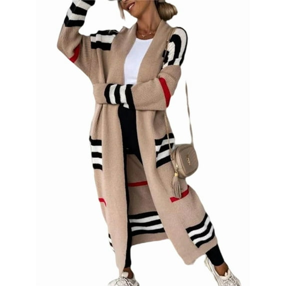 Women'S Vintage Open Front Knit Striped Long Sleeves Maxi Long Cardigan Sweater with Pockets Camel XL