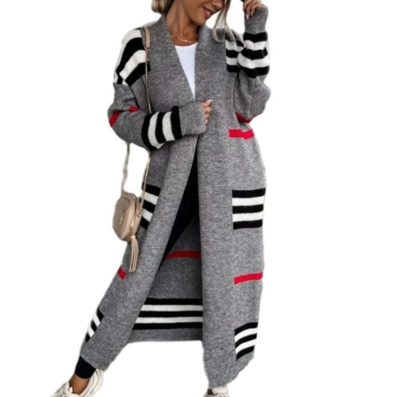 Women'S Vintage Open Front Knit Striped Long Sleeves Maxi Long Cardigan Sweater with Pockets Grey XL