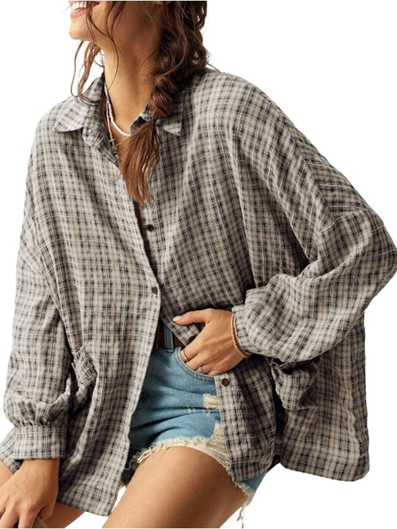 Women'S Vintage Plaid Oversized Ruched Pocket Lantern Long Sleeve Button Down Casual Shirt Black L