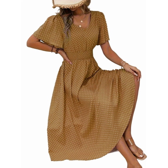 Women'S Vintage Polka Dot Dress V-Neck Waist Cinching Elegant Short Sleeved A-Line Dress Ginger Yellow S