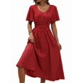 thumbnail image 1 of Women'S Vintage Polka Dot Dress V-Neck Waist Cinching Elegant Short Sleeved A-Line Dress Red L, 1 of 9