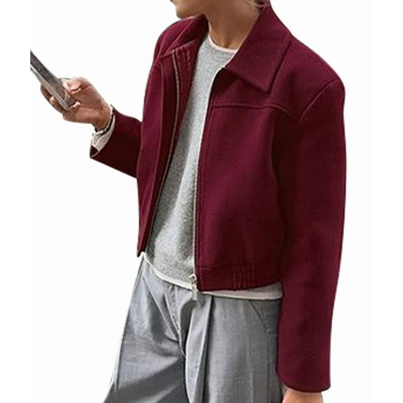 Women'S Vintage Short Wool Jacket Casual Lapel Collar Cropped Coat for Fall Winter Wine Red L