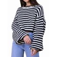 thumbnail image 1 of Women'S Vintage Striped Sweater Crew Neck Long Sleeve Cropped Color Block Casual Loose Knit Pullover Top Black L, 1 of 9