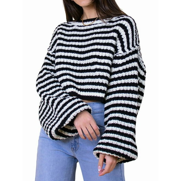 Women'S Vintage Striped Sweater Crew Neck Long Sleeve Cropped Color Block Casual Loose Knit Pullover Top Black M